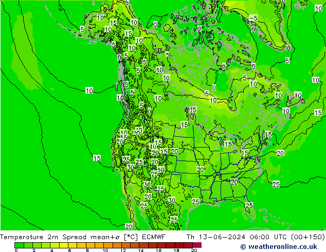 Temperatura 2m Spread ECMWF jue 13.06.2024 06 UTC