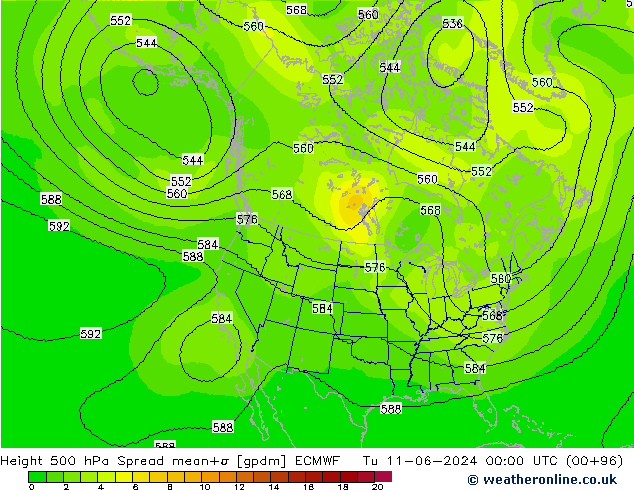 Height 500 hPa Spread ECMWF Út 11.06.2024 00 UTC