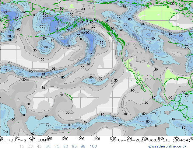 RH 700 hPa ECMWF nie. 09.06.2024 06 UTC