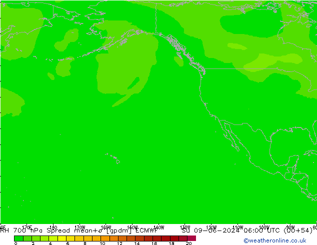 RH 700 hPa Spread ECMWF nie. 09.06.2024 06 UTC