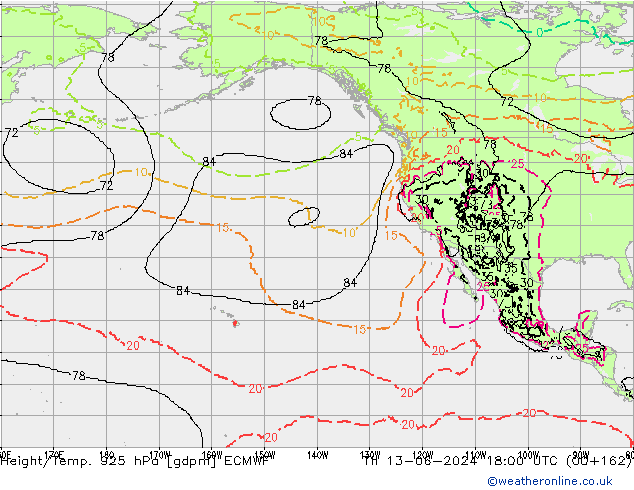 Height/Temp. 925 hPa ECMWF Čt 13.06.2024 18 UTC