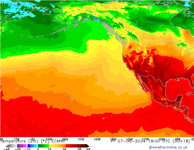 Temperatuurkaart (2m) ECMWF vr 07.06.2024 18 UTC