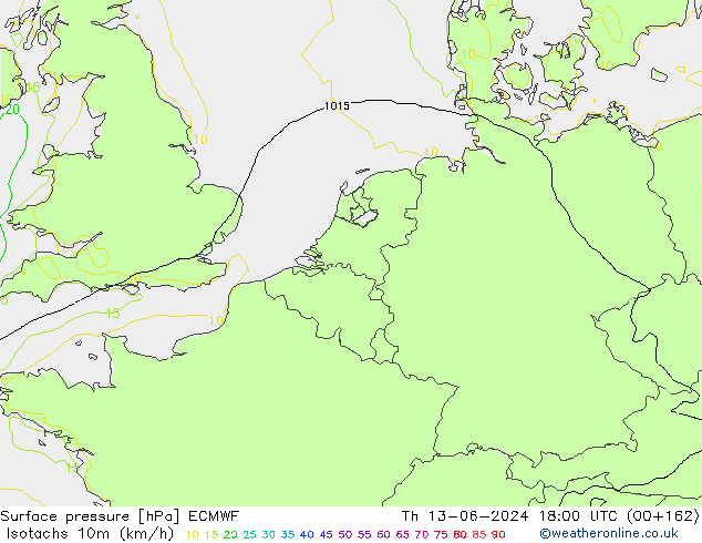 Izotacha (km/godz) ECMWF czw. 13.06.2024 18 UTC