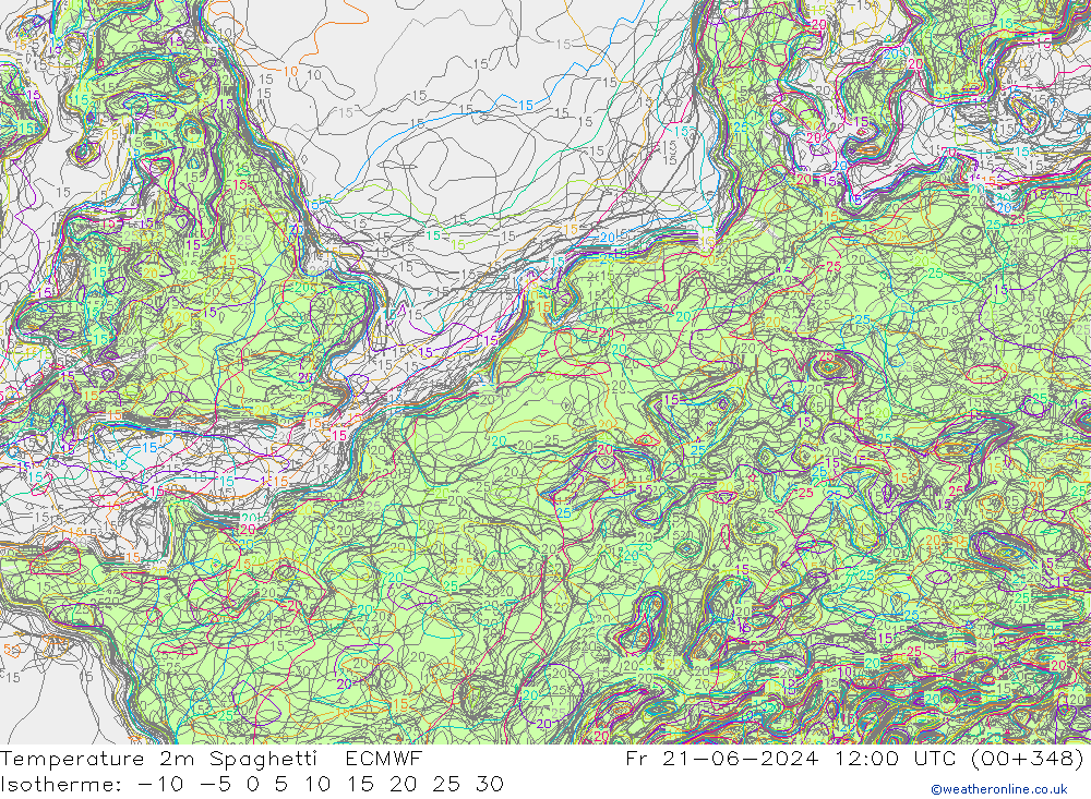 Temperature 2m Spaghetti ECMWF Fr 21.06.2024 12 UTC