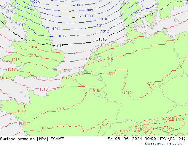 Presión superficial ECMWF sáb 08.06.2024 00 UTC