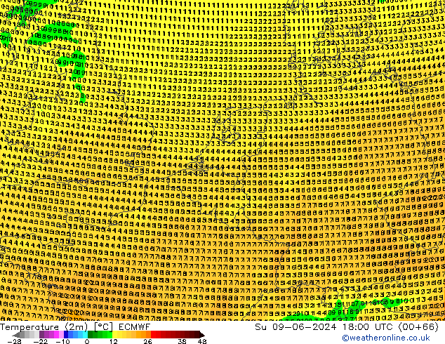 Temperatuurkaart (2m) ECMWF zo 09.06.2024 18 UTC