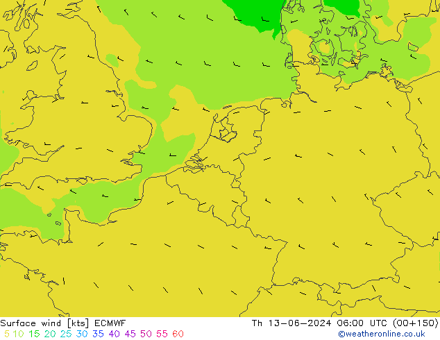 Vento 10 m ECMWF Qui 13.06.2024 06 UTC