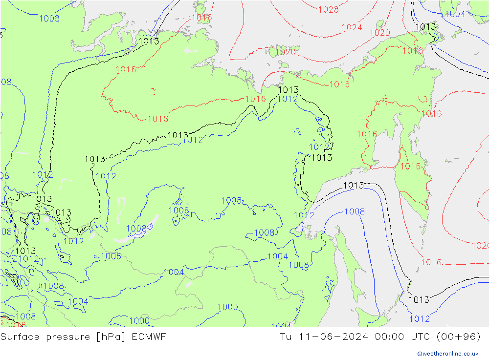 Surface pressure ECMWF Tu 11.06.2024 00 UTC