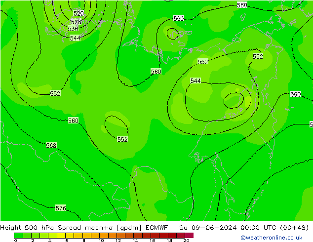 Height 500 hPa Spread ECMWF nie. 09.06.2024 00 UTC