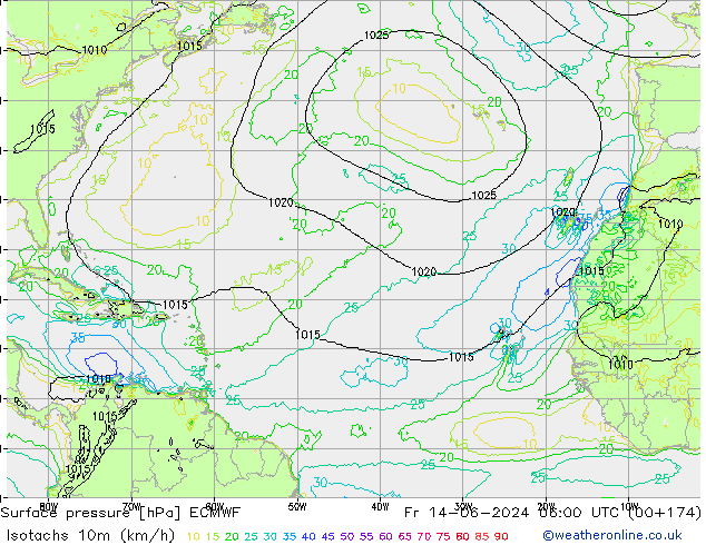 Isotaca (kph) ECMWF vie 14.06.2024 06 UTC