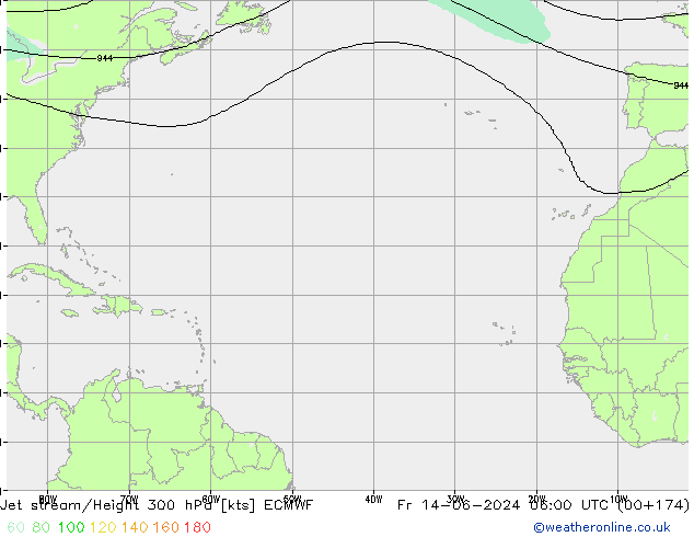 Jet stream/Height 300 hPa ECMWF Pá 14.06.2024 06 UTC