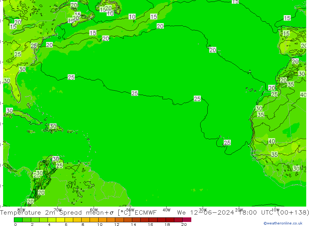 Temperature 2m Spread ECMWF We 12.06.2024 18 UTC