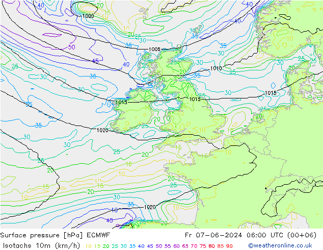 Isotaca (kph) ECMWF vie 07.06.2024 06 UTC