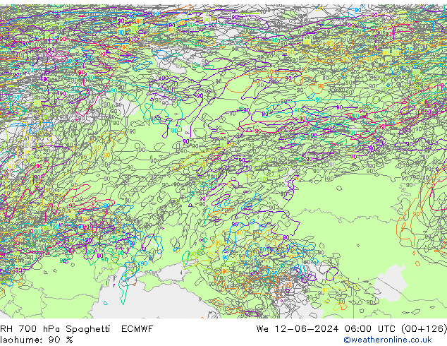 RH 700 hPa Spaghetti ECMWF śro. 12.06.2024 06 UTC