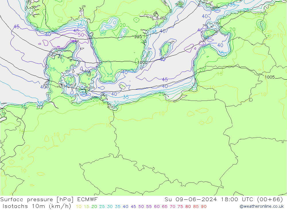 Izotacha (km/godz) ECMWF nie. 09.06.2024 18 UTC