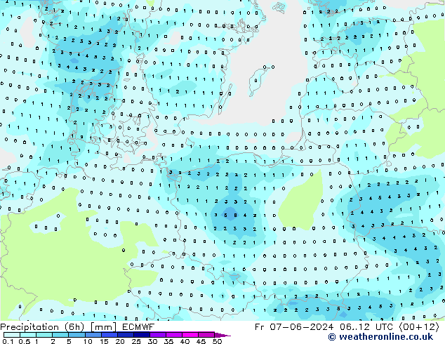 Totale neerslag (6h) ECMWF vr 07.06.2024 12 UTC