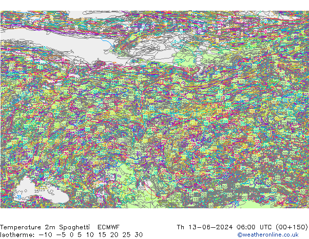 température 2m Spaghetti ECMWF jeu 13.06.2024 06 UTC