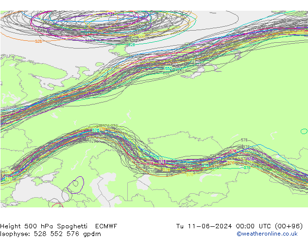 Height 500 hPa Spaghetti ECMWF Tu 11.06.2024 00 UTC