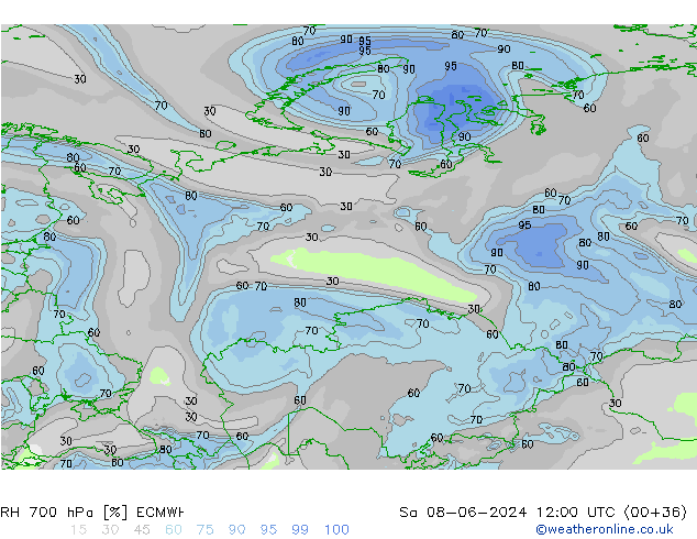 RH 700 hPa ECMWF Sáb 08.06.2024 12 UTC