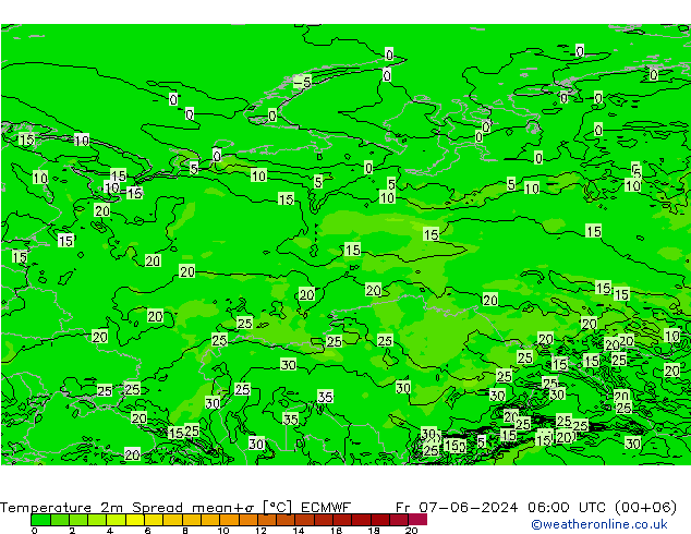 Temperatura 2m Spread ECMWF Sex 07.06.2024 06 UTC