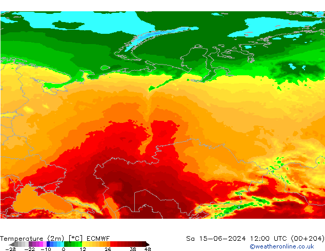 Temperature (2m) ECMWF Sa 15.06.2024 12 UTC