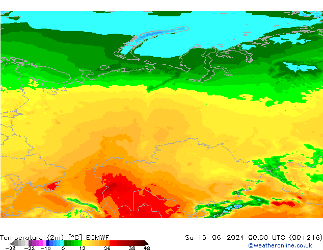 Temperature (2m) ECMWF Su 16.06.2024 00 UTC