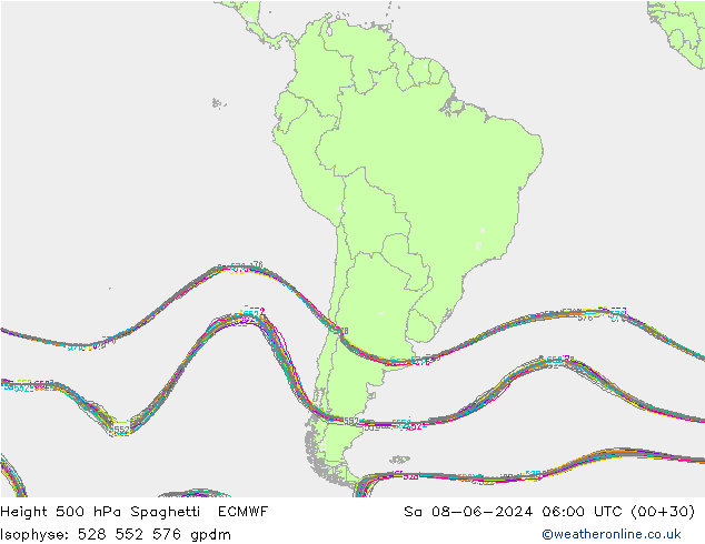 Height 500 hPa Spaghetti ECMWF Sa 08.06.2024 06 UTC