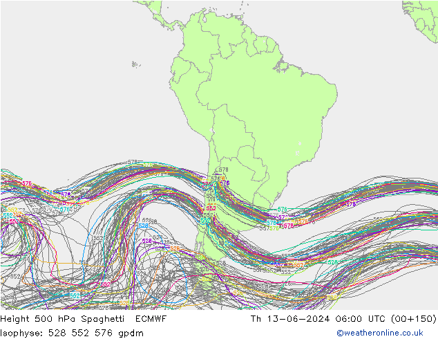 Height 500 hPa Spaghetti ECMWF Th 13.06.2024 06 UTC