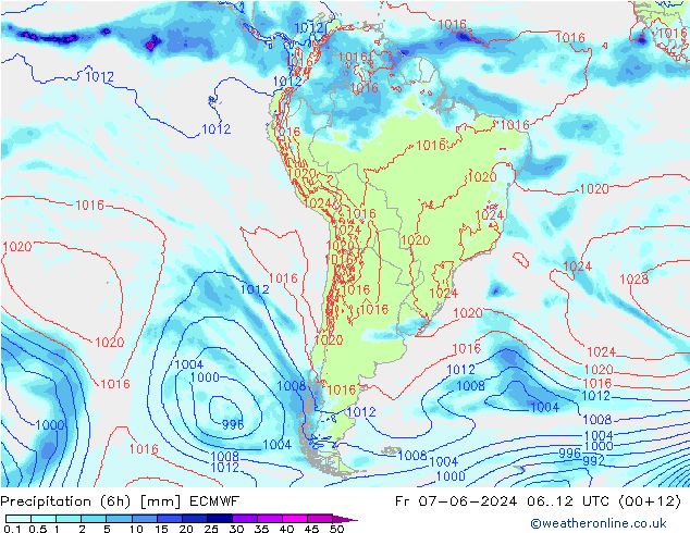 Precipitation (6h) ECMWF Fr 07.06.2024 12 UTC