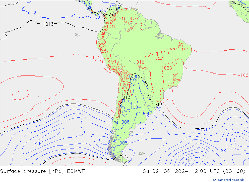 Presión superficial ECMWF dom 09.06.2024 12 UTC