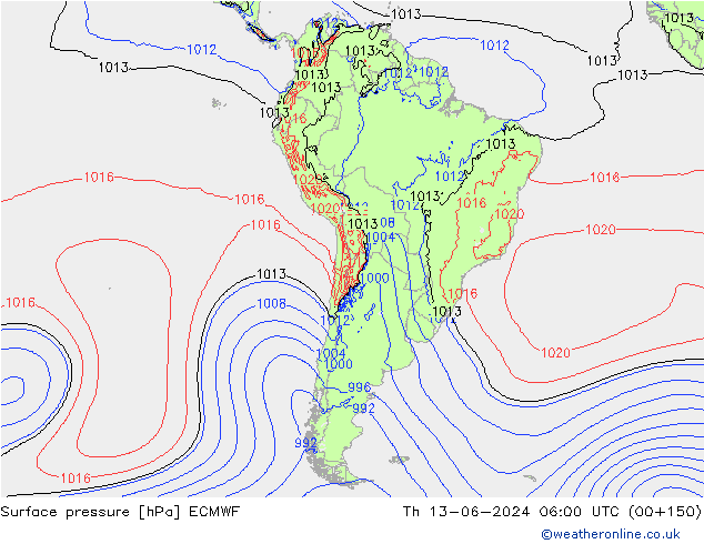 Presión superficial ECMWF jue 13.06.2024 06 UTC