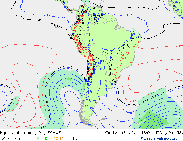 High wind areas ECMWF We 12.06.2024 18 UTC