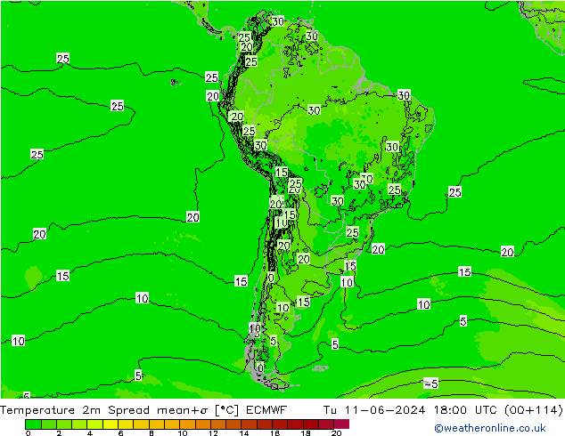 Temperatura 2m Spread ECMWF Ter 11.06.2024 18 UTC