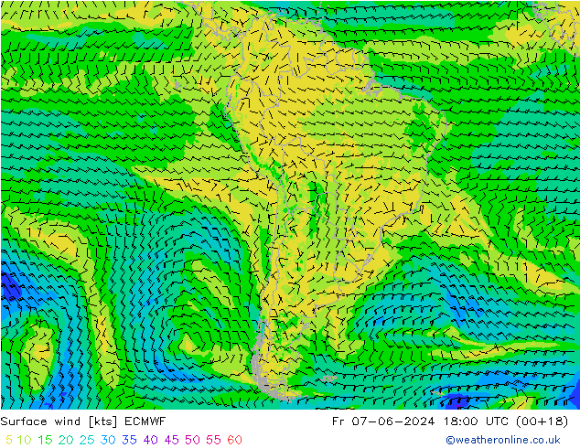 Viento 10 m ECMWF vie 07.06.2024 18 UTC