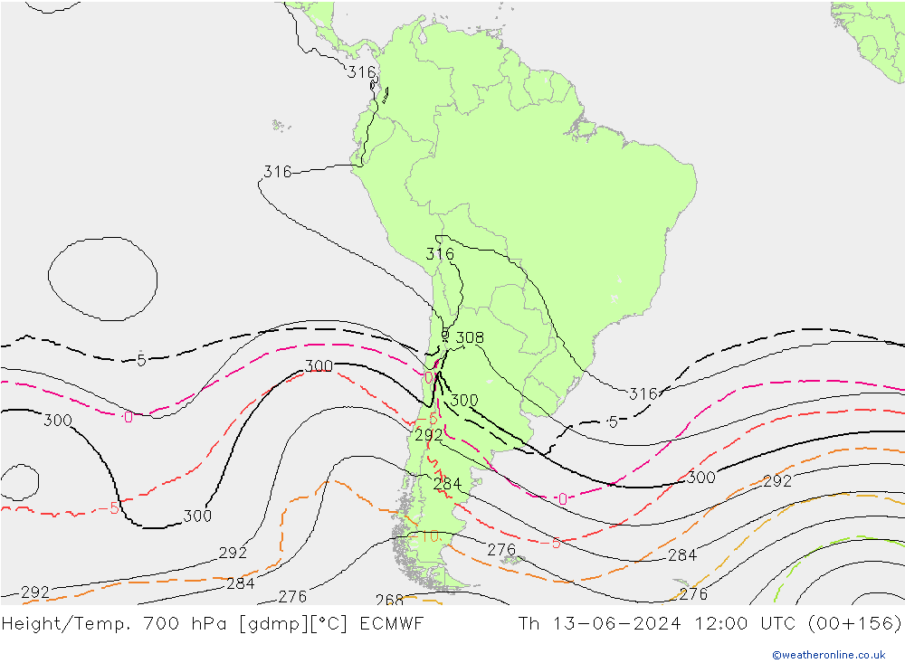 Height/Temp. 700 hPa ECMWF Th 13.06.2024 12 UTC