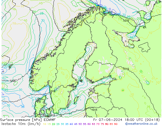 Isotachs (kph) ECMWF Pá 07.06.2024 18 UTC