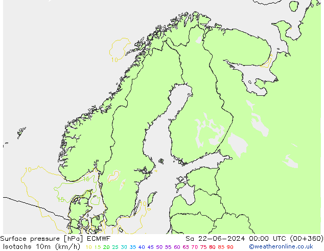 Isotachs (kph) ECMWF Sa 22.06.2024 00 UTC