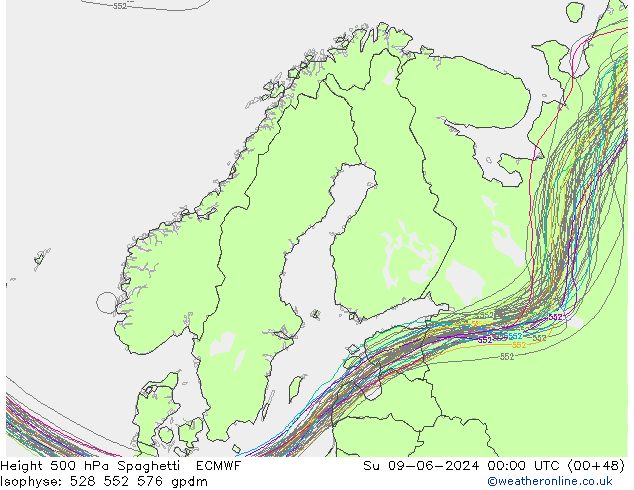 Height 500 hPa Spaghetti ECMWF So 09.06.2024 00 UTC