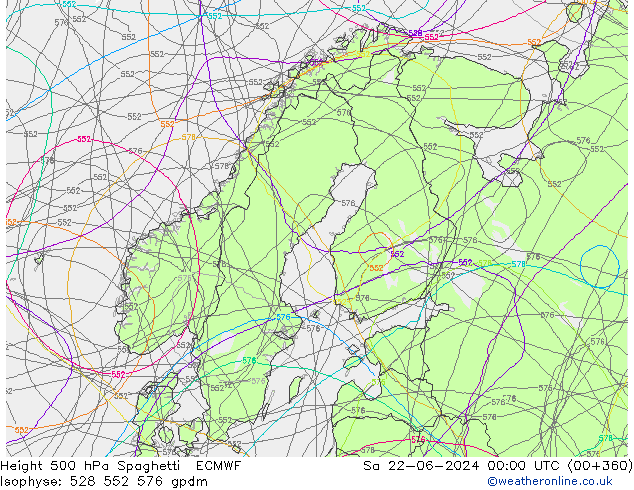 Height 500 hPa Spaghetti ECMWF so. 22.06.2024 00 UTC