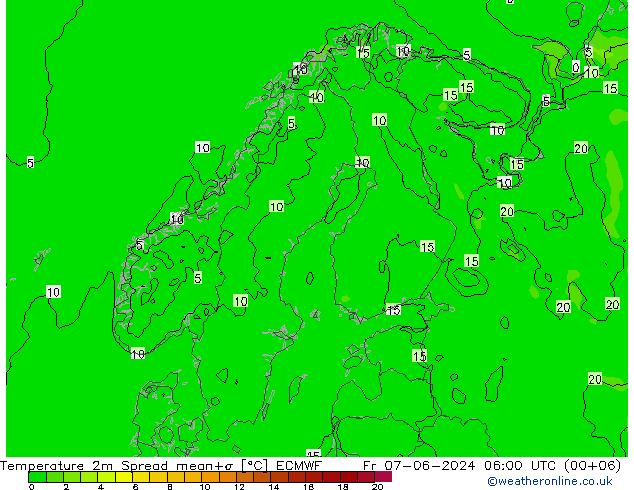 Temperatura 2m Spread ECMWF vie 07.06.2024 06 UTC