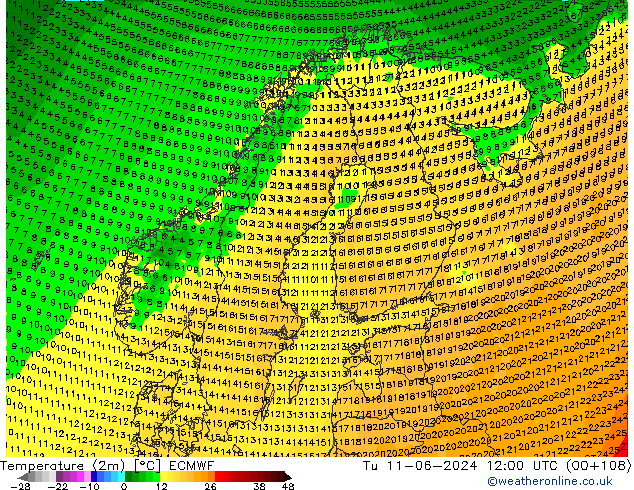 Temperature (2m) ECMWF Út 11.06.2024 12 UTC