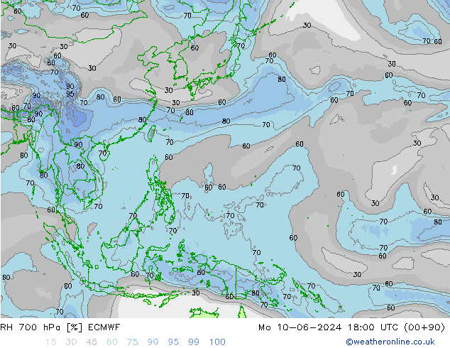 RH 700 гПа ECMWF пн 10.06.2024 18 UTC