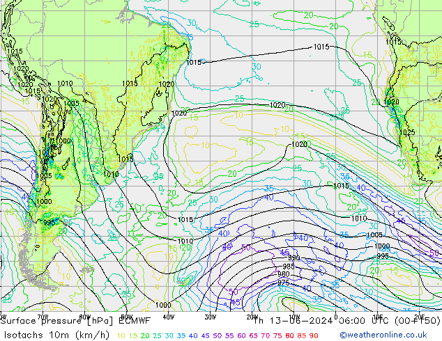 Isotachs (kph) ECMWF Th 13.06.2024 06 UTC