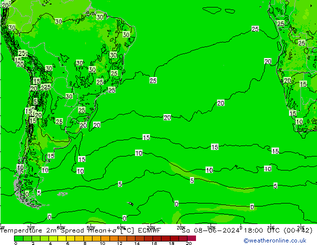 Temperature 2m Spread ECMWF Sa 08.06.2024 18 UTC