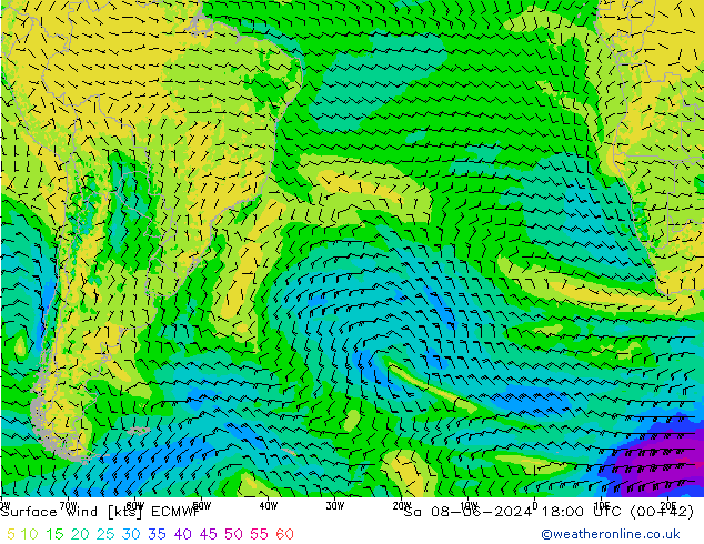 Vento 10 m ECMWF Sáb 08.06.2024 18 UTC