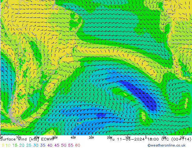 Surface wind ECMWF Út 11.06.2024 18 UTC