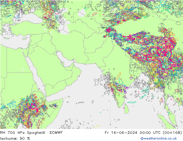 RH 700 hPa Spaghetti ECMWF ven 14.06.2024 00 UTC