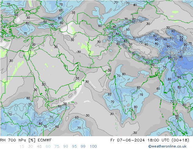 Humidité rel. 700 hPa ECMWF ven 07.06.2024 18 UTC