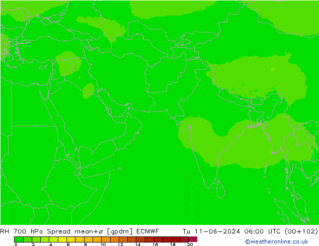 Humidité rel. 700 hPa Spread ECMWF mar 11.06.2024 06 UTC