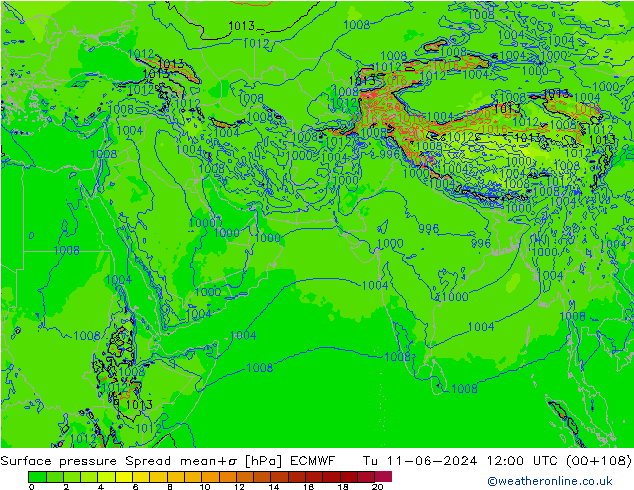 Surface pressure Spread ECMWF Tu 11.06.2024 12 UTC